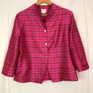 LINDA BERTOZZI PINK PLAID SILK DUPIONI GIDGET BLOUSE SIZE 4